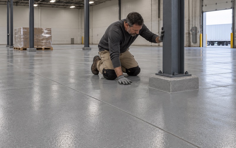 A new resinous coating checked at a steel column base in the open warehouse floor of a Waukegan distribution building.