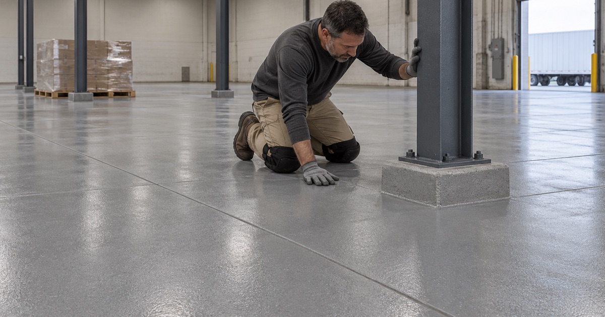 A new resinous coating checked at a steel column base in the open warehouse floor of a Waukegan distribution building.