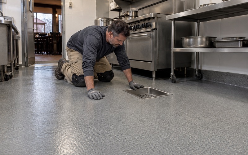 A new urethane cement floor in a Waukegan restaurant kitchen, checked where it meets a stainless floor sink.