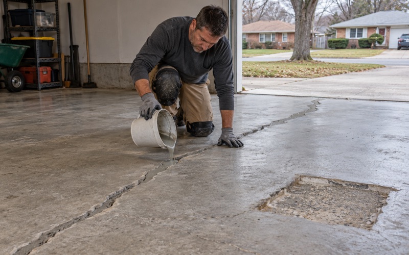 Repair mortar poured into a chased crack across an old Waukegan garage slab, before the floor is ground and coated.