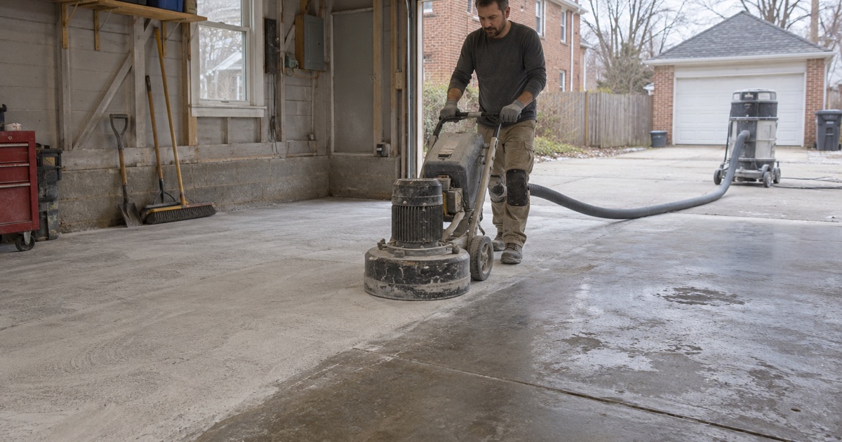 A walk-behind planetary grinder opening an old Waukegan garage slab, half the floor already ground pale.
