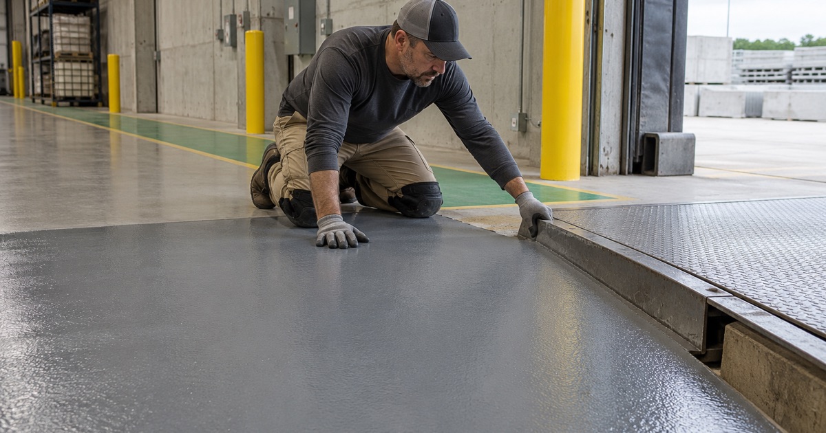 The worn floor at a dock door in an Antioch plant, recoated up to the edge of the dock leveler.