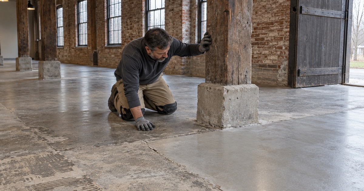 Layers of old patches and finishes read on the floor of a tenant space in Barrington’s converted ice house building.