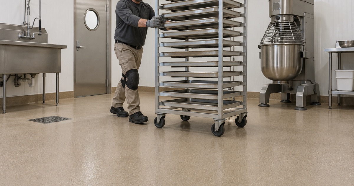 A speed rack of baking pans wheeled across a coved urethane cement floor in a Burlington food production room.