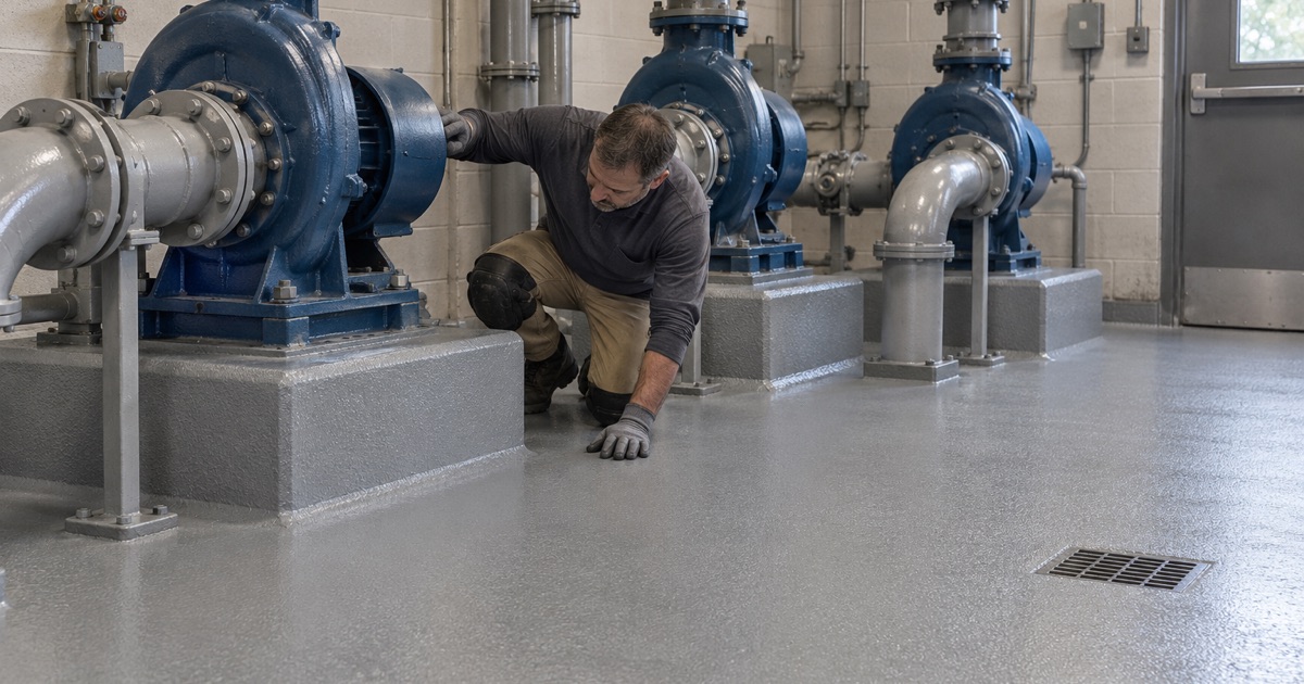 A chemical-resistant coated floor in a Fox Lake wastewater plant pump room, checked where a pump base meets it.
