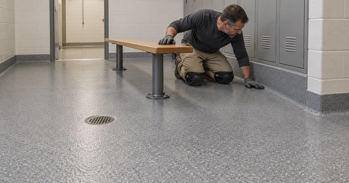 A seamless textured locker room floor sloped to its drain, the kind of school floor bid in Gages Lake