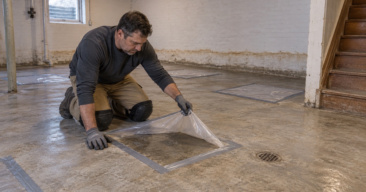 Plastic-sheet moisture tests taped to a Grandwood Park basement floor after water, one lifted to read the slab