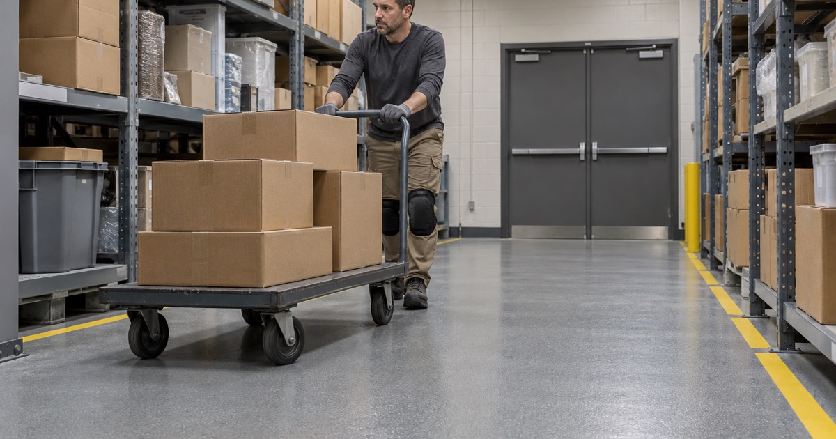 A flat cart of stock pushed across a newly coated back-of-house stockroom floor in a Gurnee retail store.