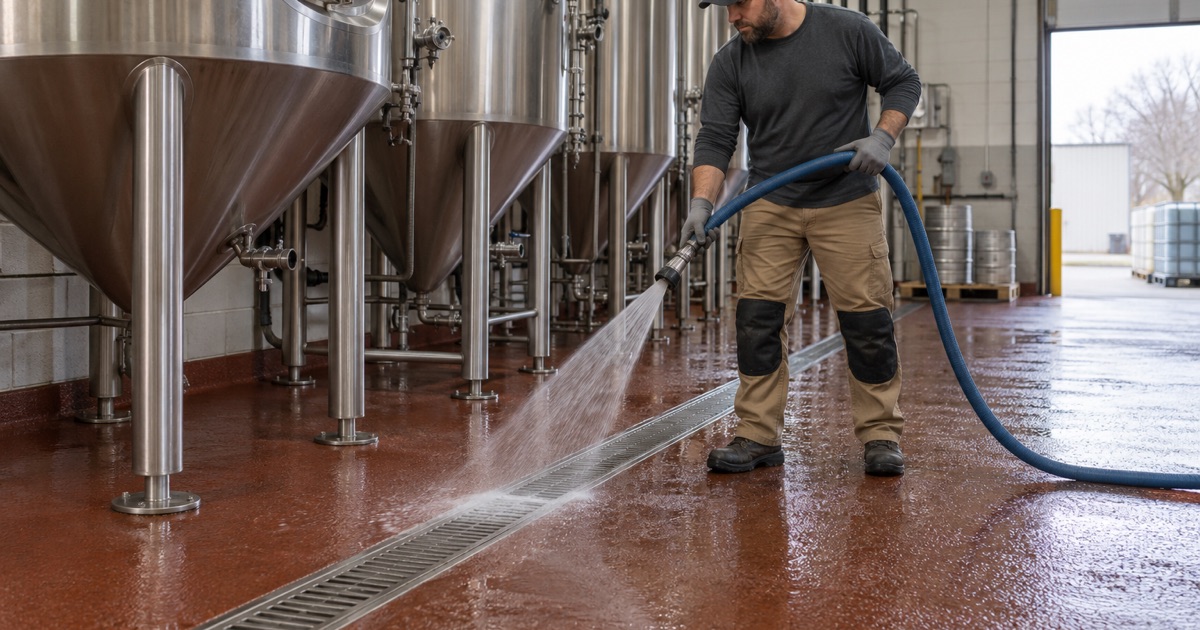 A brewhouse floor in a Lake Zurich production brewery, hosed down and running to a trench drain between the tanks.
