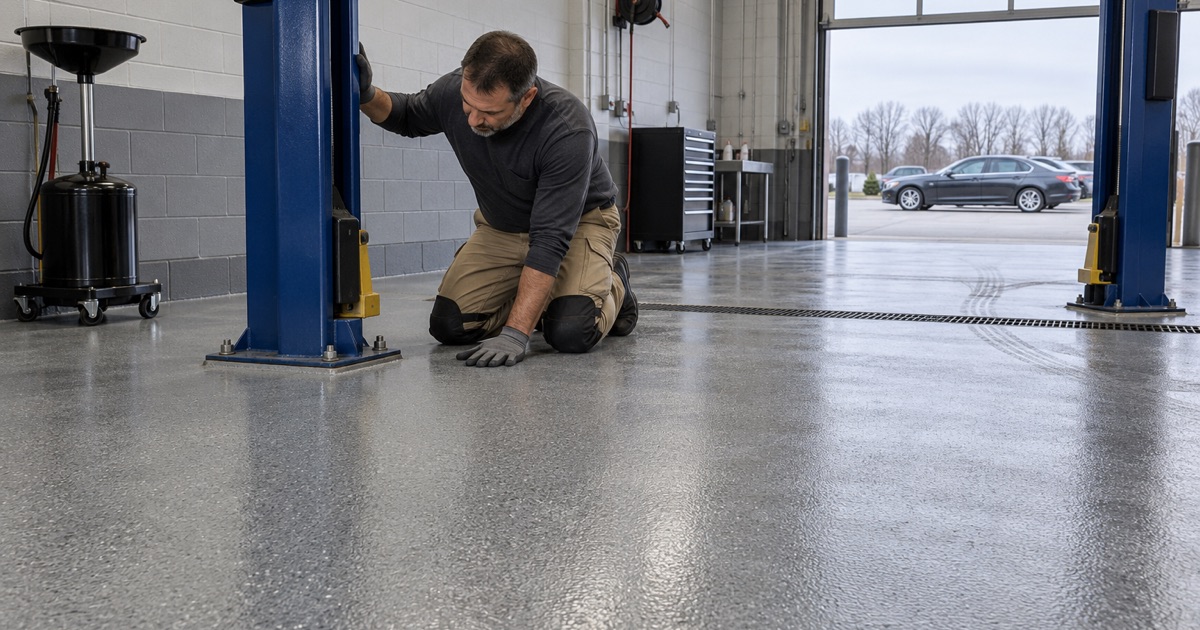 A coated dealership service bay floor in Libertyville, the coating checked at the base of a two-post vehicle lift.