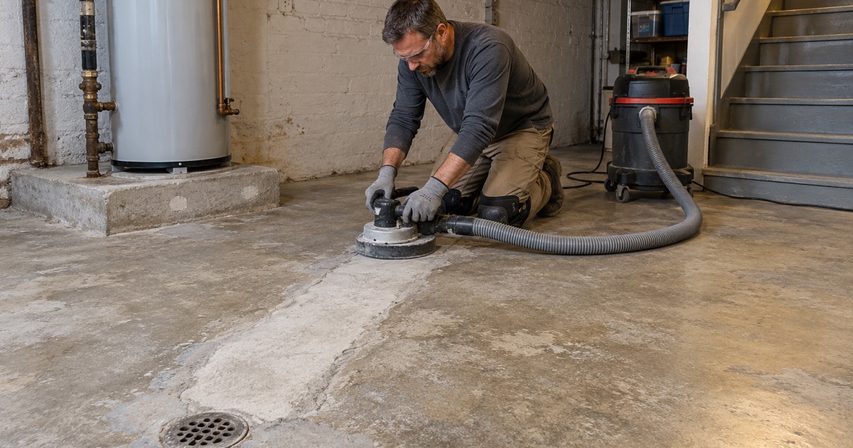A cut and patched Lincolnwood basement floor being ground level as part of a basement remodel