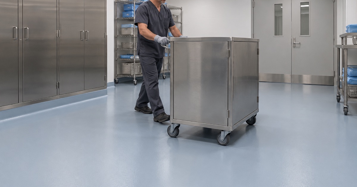A stainless case cart rolled across a seamless coved floor in the sterile processing room of a Lindenhurst surgery center.