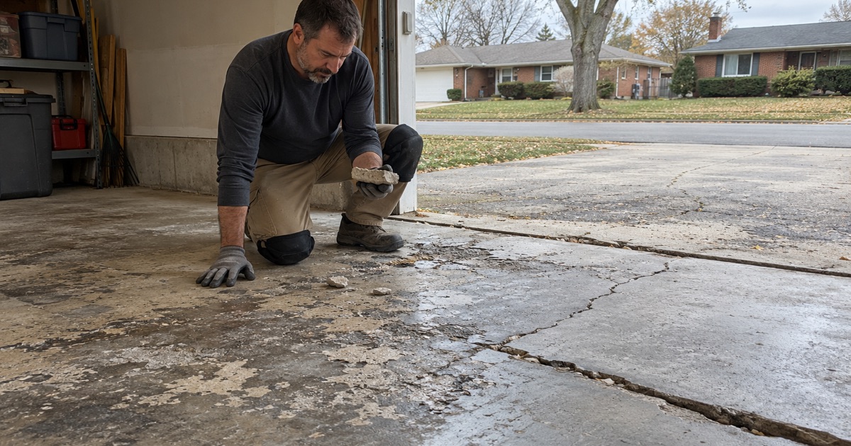 A salt-scaled, cracked Norridge garage pad read for coat or replace before anything is quoted