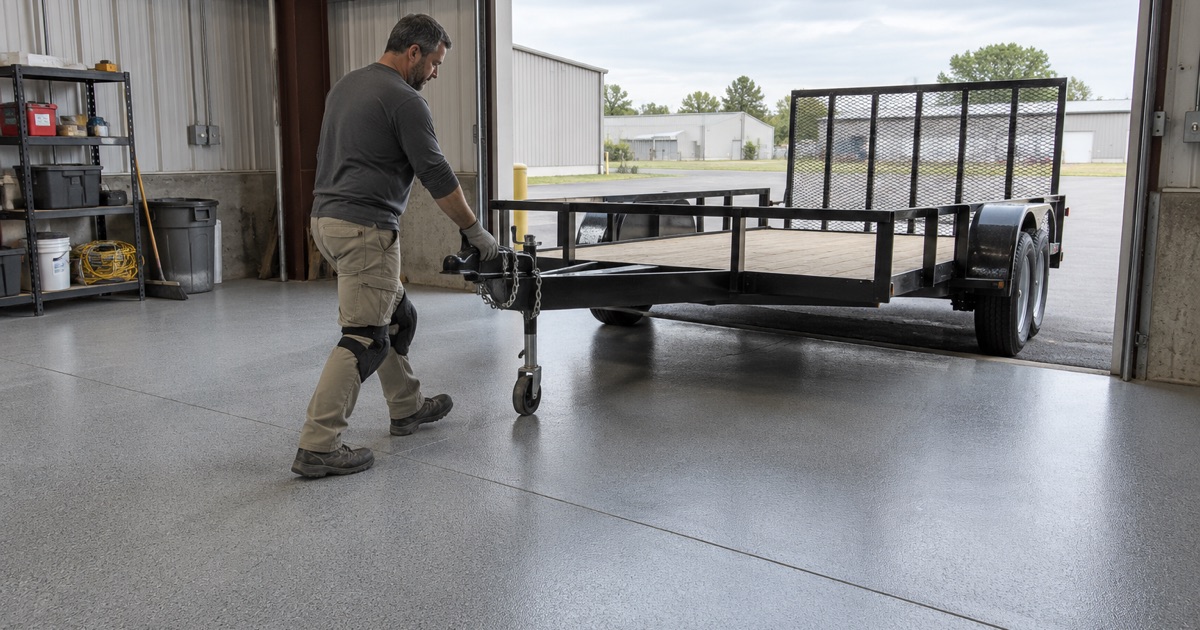 A trailer rolled through a grade-level door onto a coated floor in a Round Lake industrial building