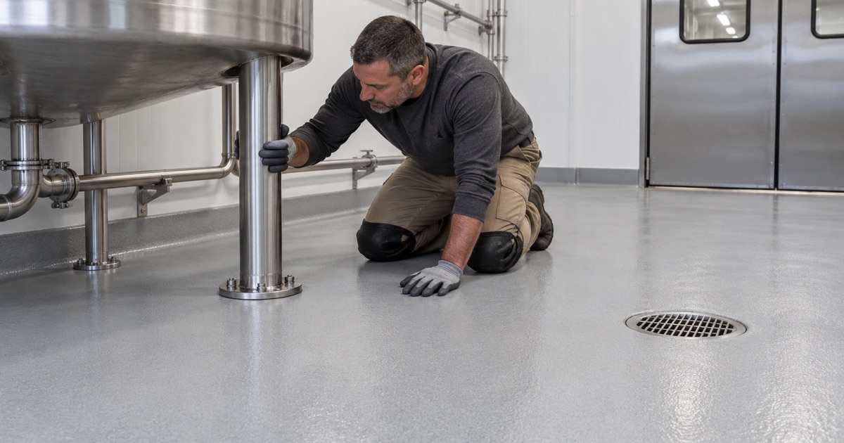 A coved, washdown-ready processing floor in a Wauconda flavor plant, checked at the leg of a stainless mixing tank.