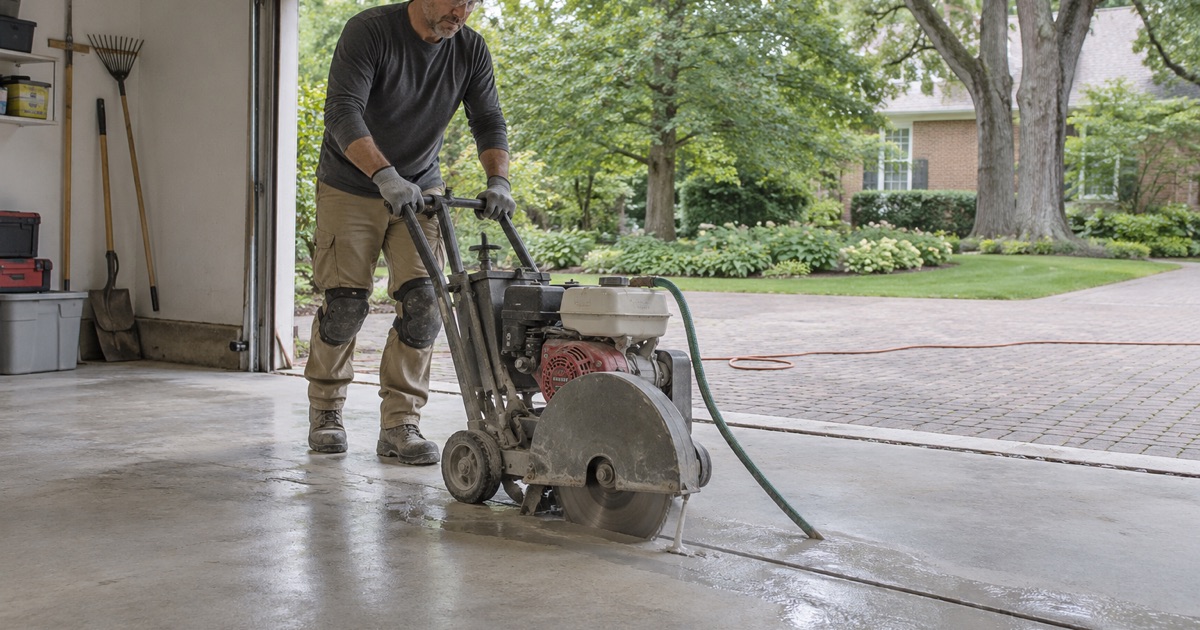 A wet concrete cut in a Winnetka garage slab, water on the blade to keep the dust down, before a damaged section is replaced.