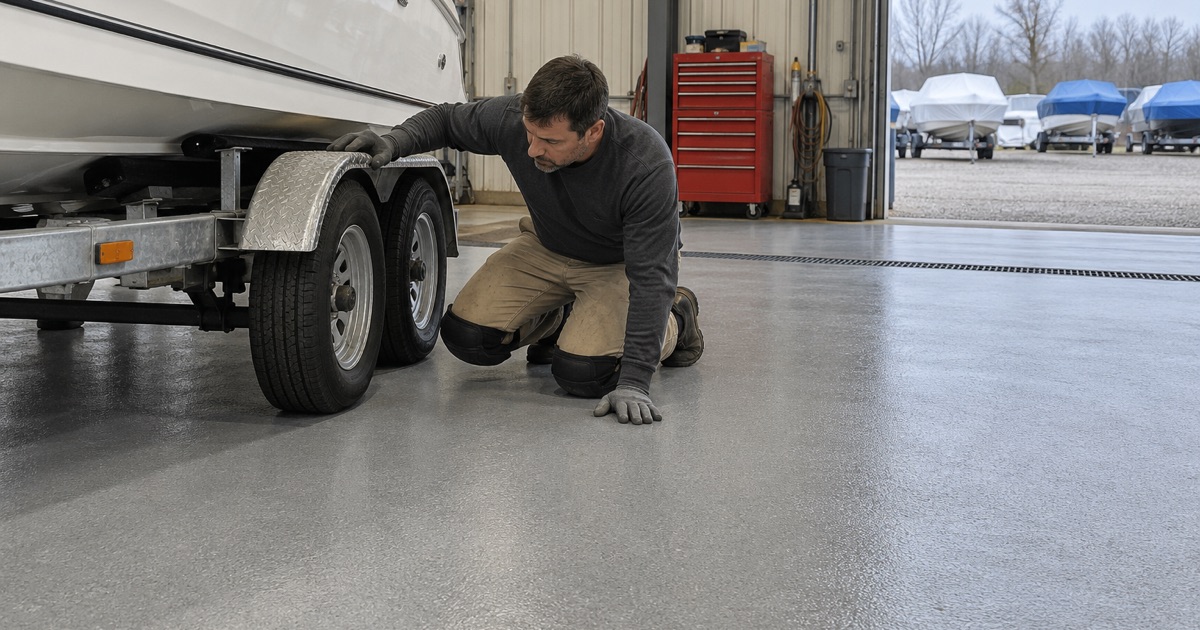 A boat on its trailer in a Winthrop Harbor marina service building, on a coated floor that has to shrug off fuel and oil.