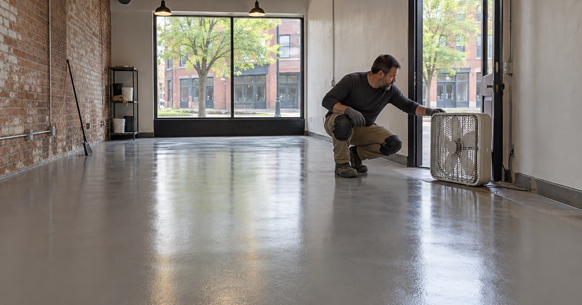 A Wood Dale tenant space floor coated between occupants, ventilated while it cures
