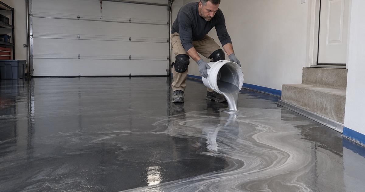 A silver metallic epoxy ribbon poured across a dark base coat in a Waukegan garage, the pigment still moving.